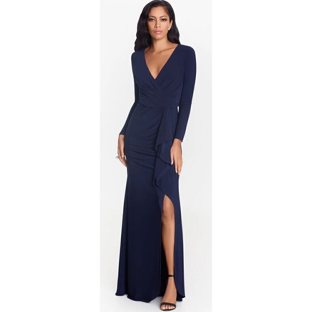 Betsy & Adam "ELLE" LONG SLEEVE SIDE RUFFLED SLIT GOWN in Navy NWOT Size 6